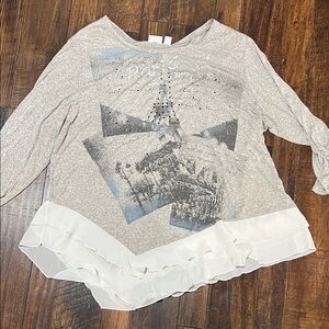 Cato Beige Graphic Long Sleeve Top with Ruffle Hem